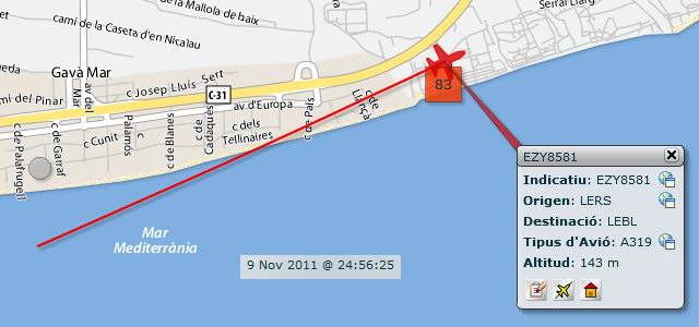 Avin aproximndose al aeropuerto de Barcelona-El Prat para aterrizar en la tercera pista, en configuracin este, sobrevolando dentro del horario nocturno y con un elevadsim impacto acstico (9 Noviembre 2011 - 00:56h)